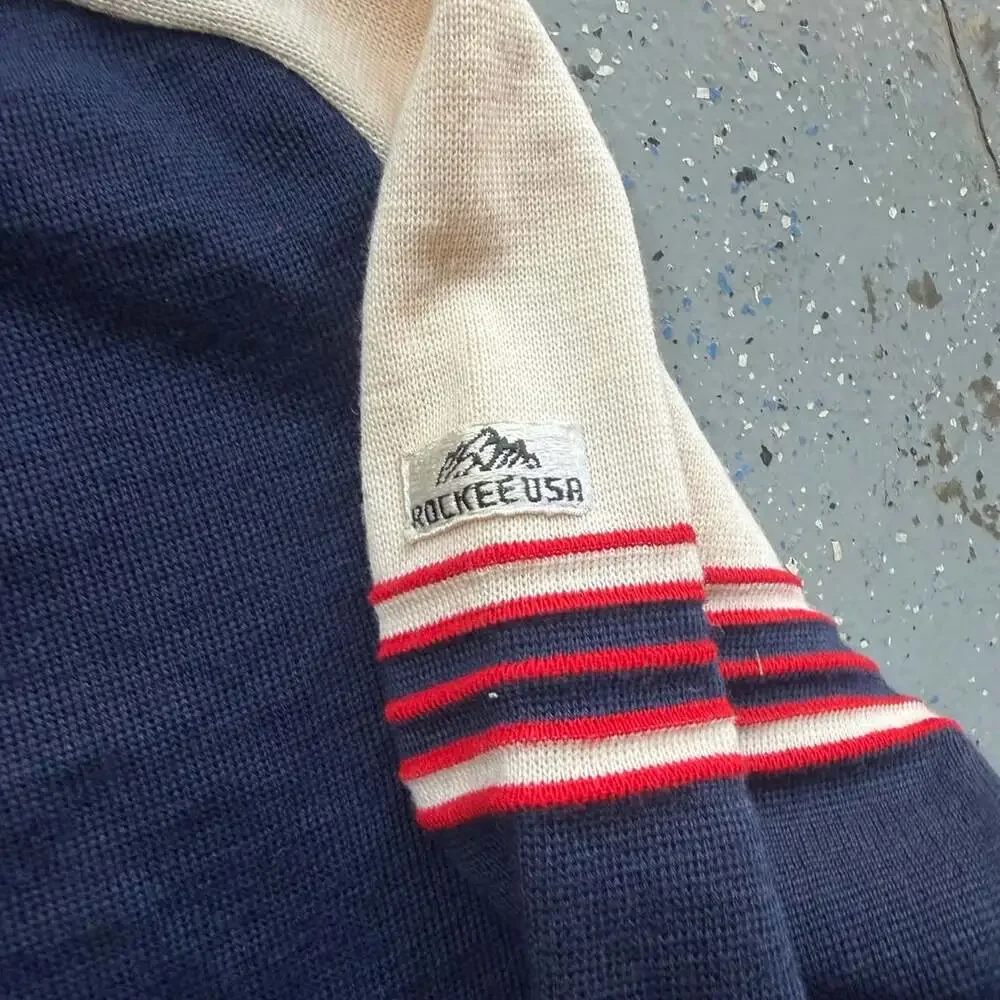 1970s Rockee Usa 1/4 Zip Sweater Large Navy Wool Striped Knit